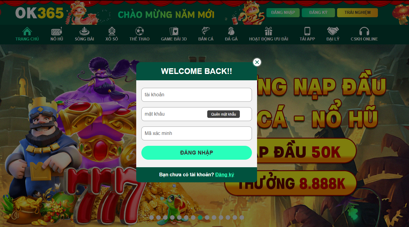 Form điền thông tin đăng nhập Ok365 tại trang chủ